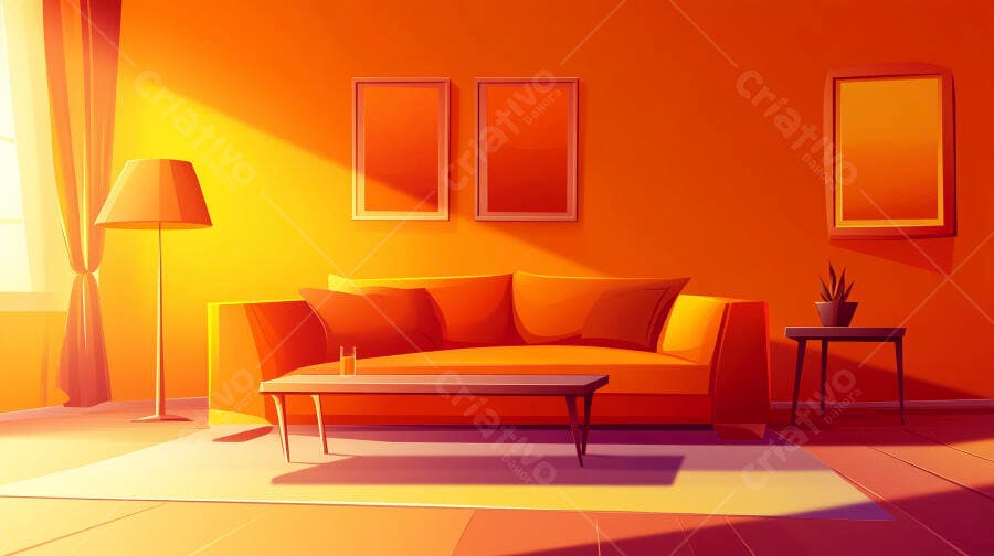 Foto Sala de Estar Laranja Decorada Iluminação Dourada