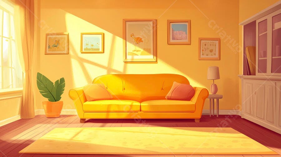Sala de Estar Amarela Sofá Confortável Iluminação Natural