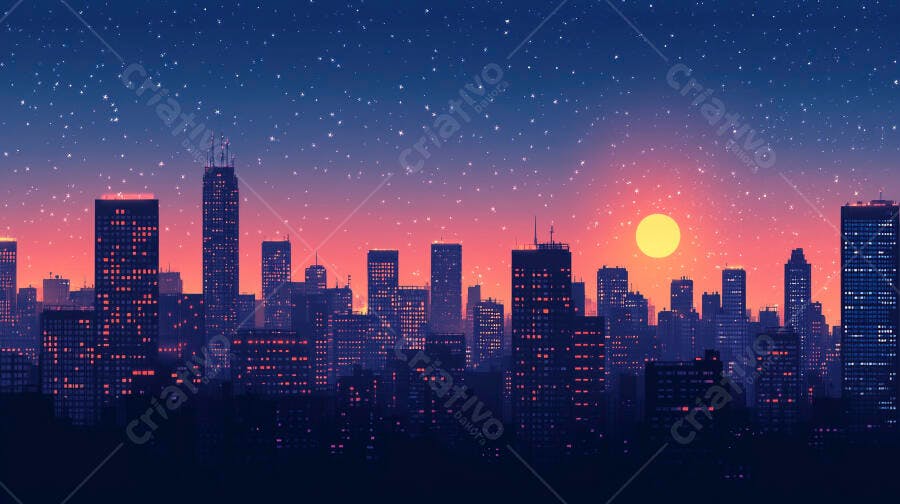 Foto Cidade Noturna Pôr do Sol Estrelas Céu Rosa Roxo