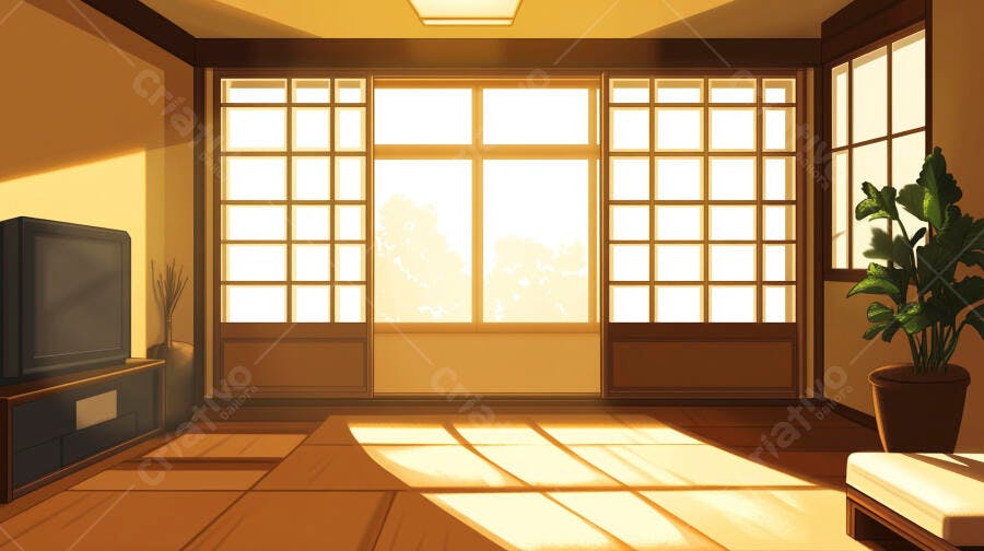 Ilustração Quarto Japonês Sol Nascente Estilo Anime