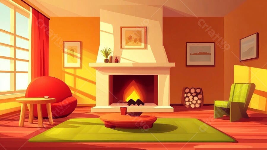 Ilustração Sala de Estar Lareira Aconchegante Estilo Cartoon