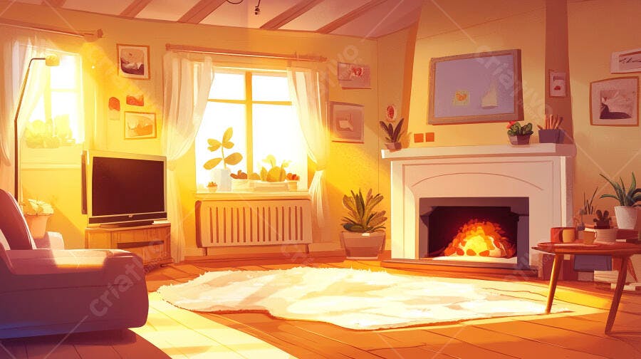 Ilustração Sala de Estar Aconchegante Lareira Acesa Luz Dourada