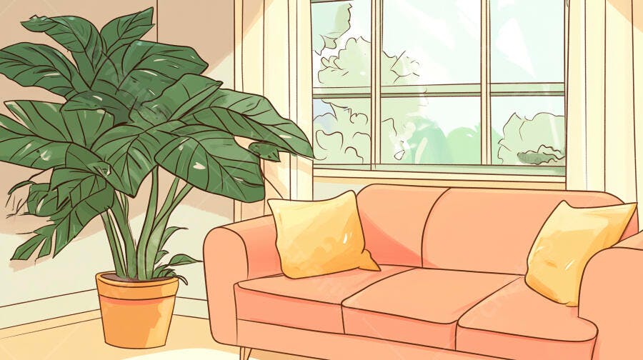 Ilustração Sala de Estar Sofá Rosa Planta Janela