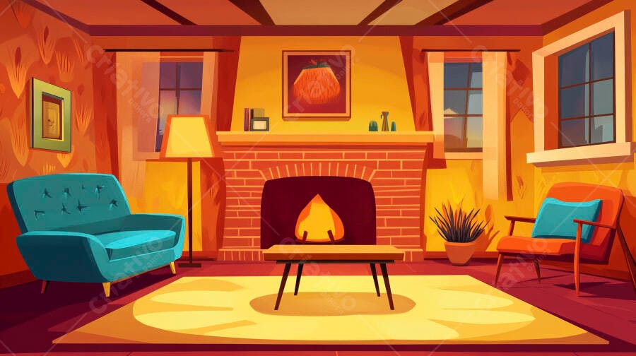 Ilustração Sala de Estar Aconchegante Lareira e Sofás