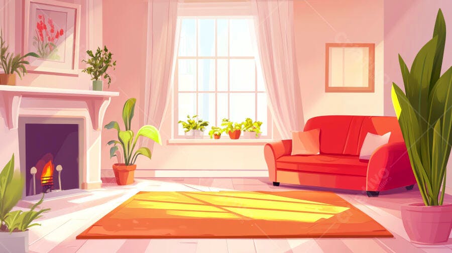 Sala de Estar Vazia Aconchegante Lareira Sofá Vermelho