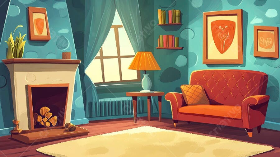 Ilustração Sala de Estar Aconchegante Lareira Sofá Laranja