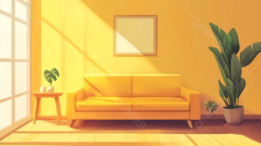 Foto Sala de Estar Amarela Sofá e Plantas Iluminação Natural