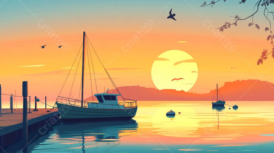 Ilustração Barco no Píer Pôr do Sol Laranja e Azul