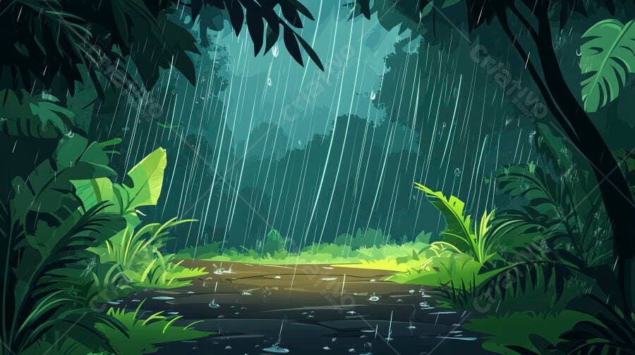 Ilustração Floresta Tropical Chuvosa com Folhagens Verdes