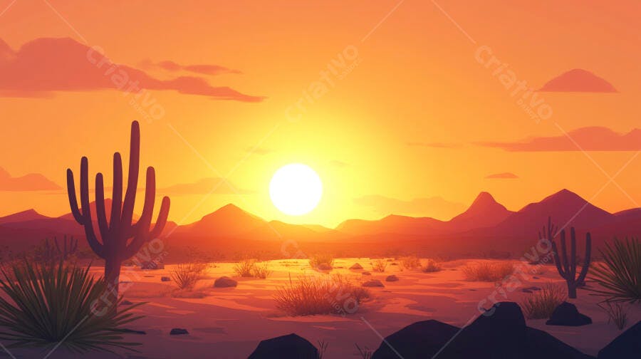 Ilustração Pôr do Sol Deserto Cactos Montanhas Laranjas