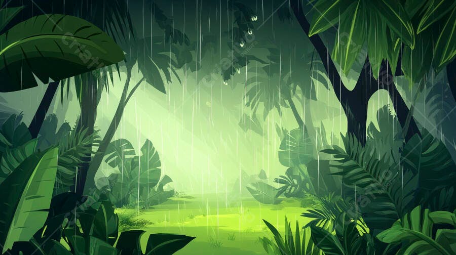 Ilustração Floresta Tropical Chuvosa com Folhagens Verdes