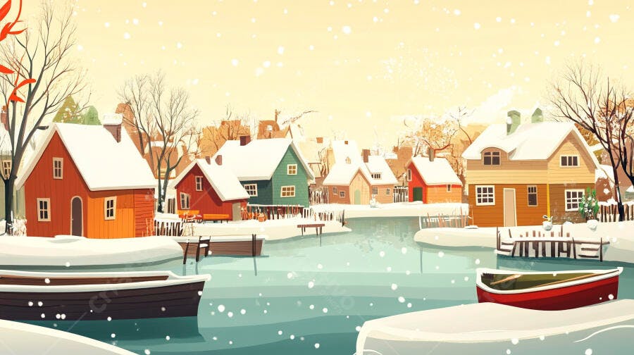 Ilustração Vila de Inverno Nevando Casas Coloridas Lago Congelado