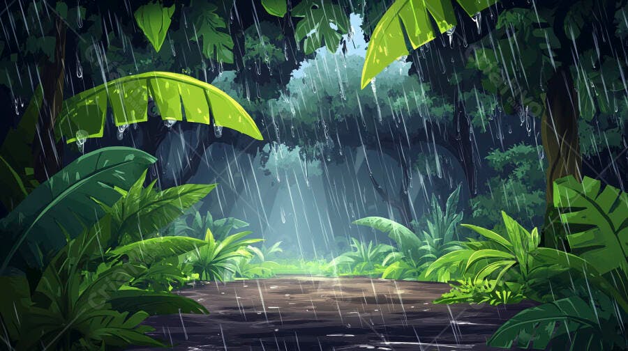 Ilustração Floresta Tropical Chuva Intensa Folhagens Verdes