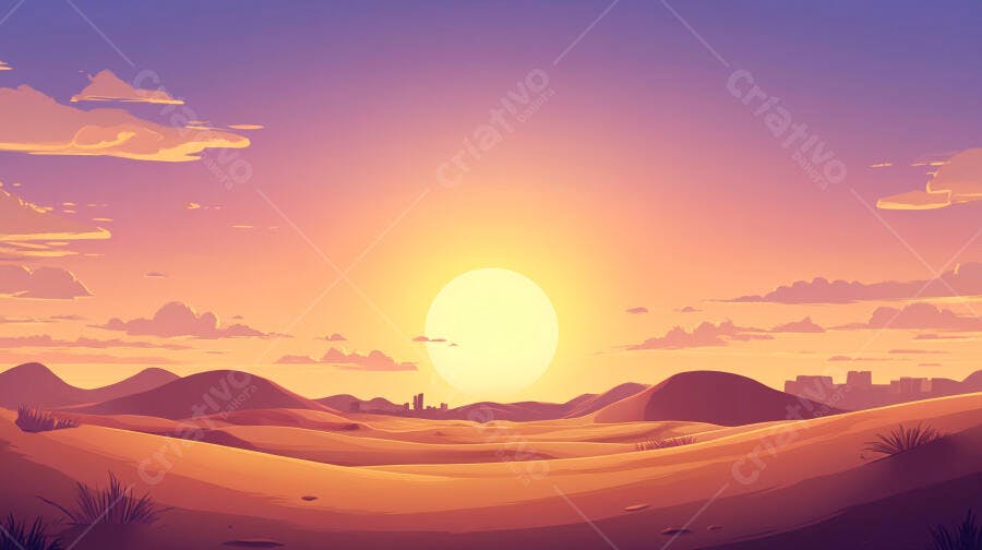 Ilustração Pôr do Sol Deserto Dunas Laranjas Roxas
