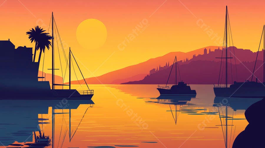 Ilustração Pôr do Sol Barcos Mar Montanhas Estilo Flat Design