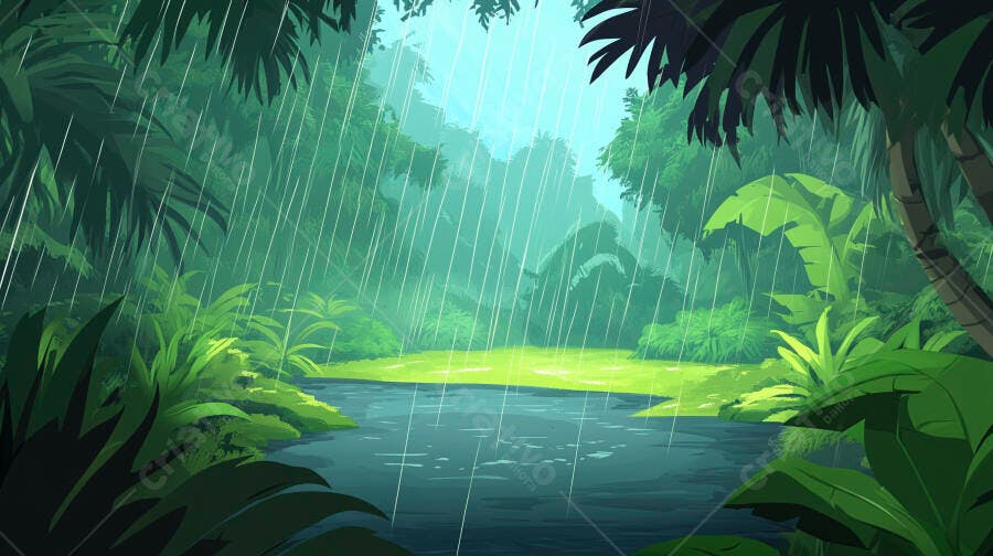 Ilustração Floresta Tropical Chuva Intensa Lagoa Verde