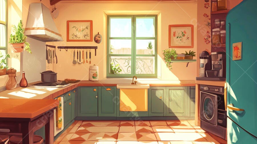 Cozinha Aconchegante Estilo Cartoon Iluminação Natural Ensolarada