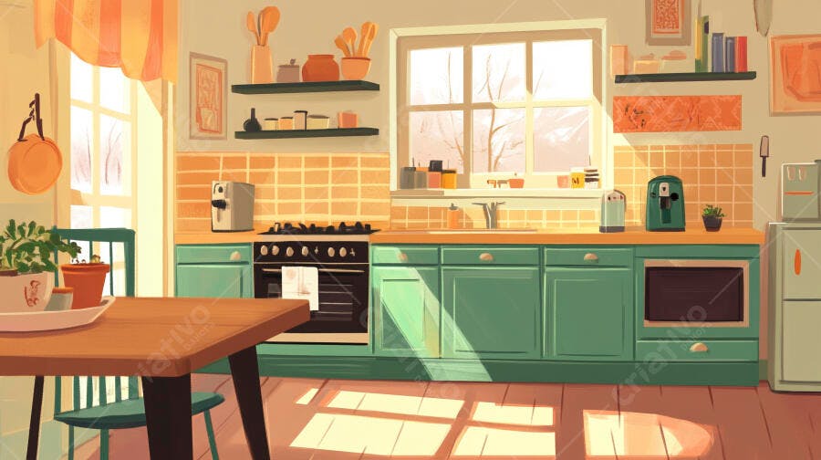 Foto Cozinha Ilustração Estilo Cartoon Luz Solar Janela