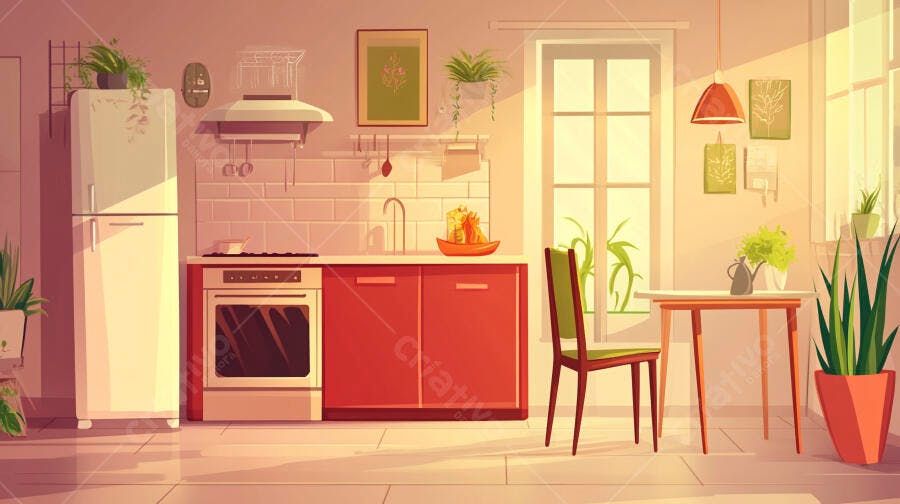 Foto Cozinha Moderna Ilustração Estilo Cartoon Minimalista
