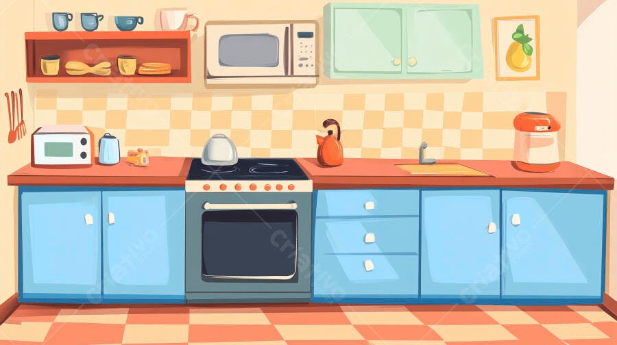 Cozinha Moderna Ilustração Desenho Animado Utensílios Domésticos