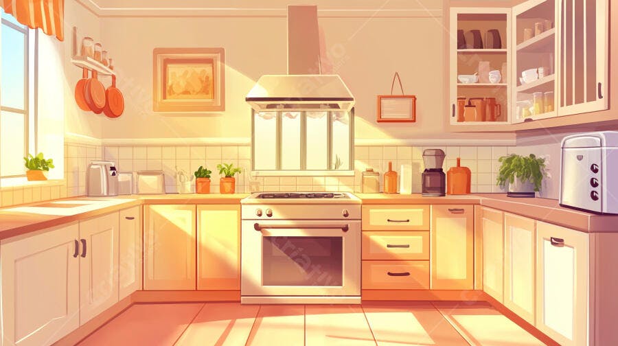 Cozinha Moderna Ilustração Estilo Anime Luz do Sol