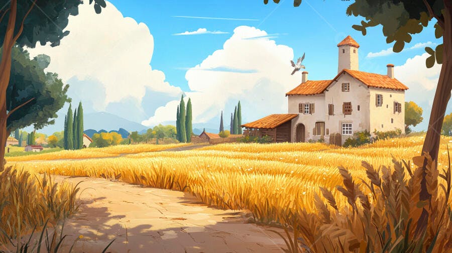 Ilustração Campo de Trigo Casa Antiga Toscana Verão