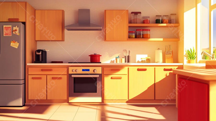 Cozinha Moderna com Armários de Madeira e Luz Solar Entrando
