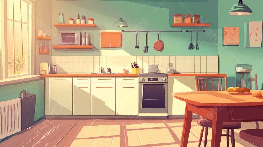 Cozinha Moderna Ilustração Vetorial com Mesa e Janela