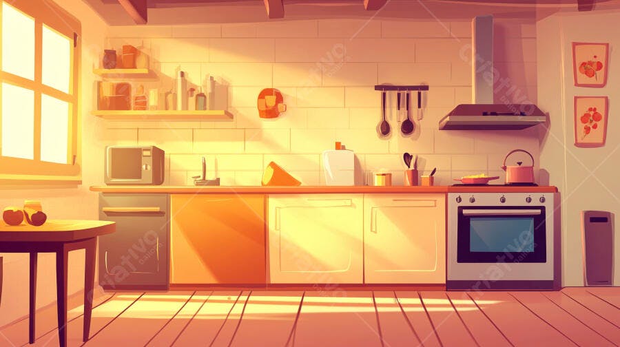 Cozinha Vazia Iluminada Sol da Manhã Estilo Desenho Animado