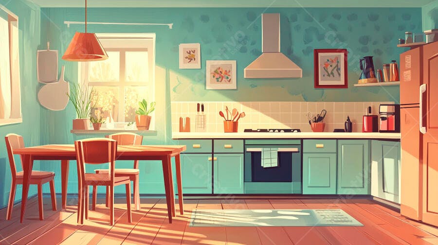 Foto Cozinha Moderna Estilo Retrô Tons de Azul e Laranja