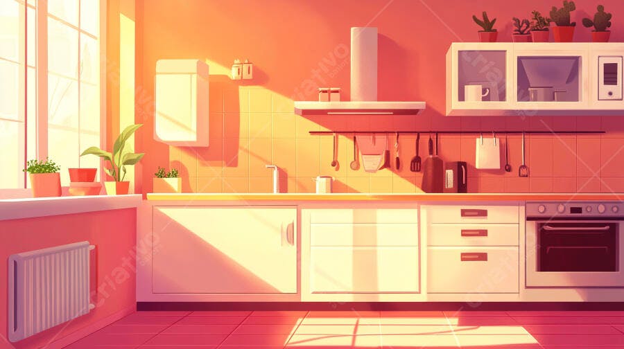 Cozinha Moderna com Luz Solar Quente e Decoração Minimalista