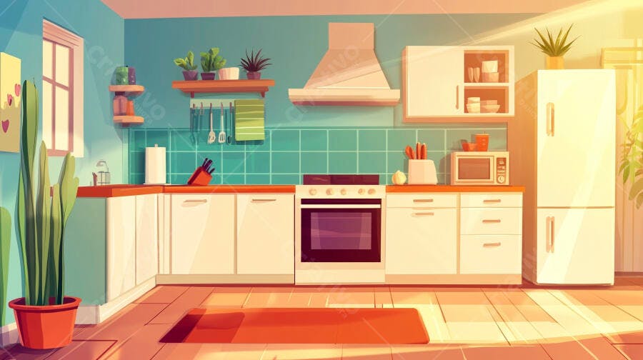 Cozinha Moderna Ilustração Desenho Animado Fundo Azul