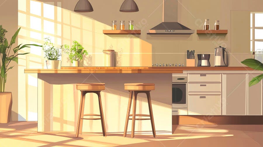 Cozinha Moderna Iluminada Sol Manhã Estilo Anime Clean