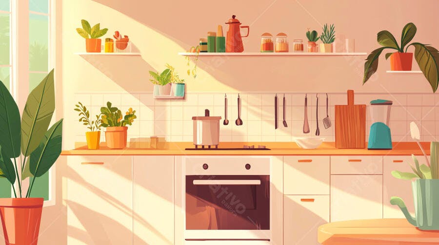 Cozinha Moderna Ilustração com Plantas e Luz Solar