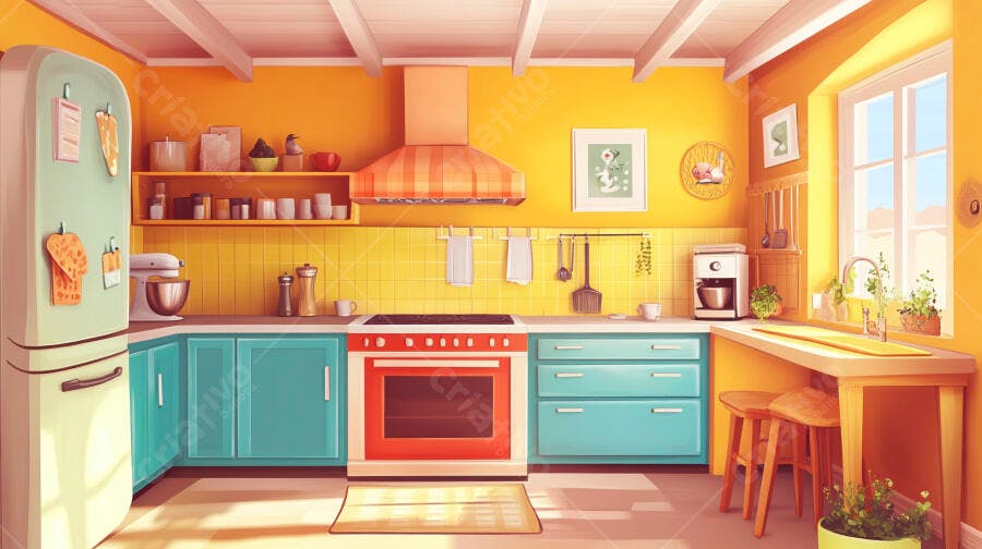 Cozinha Amarela e Azul com Eletrodomésticos Retrô Ilustração