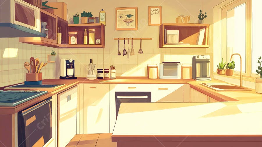 Cozinha Moderna Ilustração Estilo Anime Luz Solar Manhã