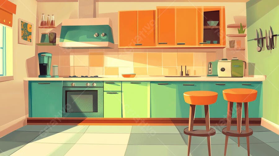 Cozinha Moderna Ilustração Estilo Cartoon com Bancada e Banquetas