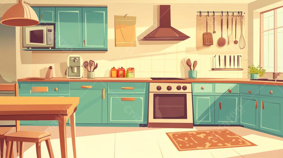 Cozinha Moderna Ilustração Desenho Animado Estilo Flat