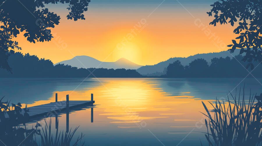 Pôr do Sol Lago Montanhas Silhueta Natureza Ilustração