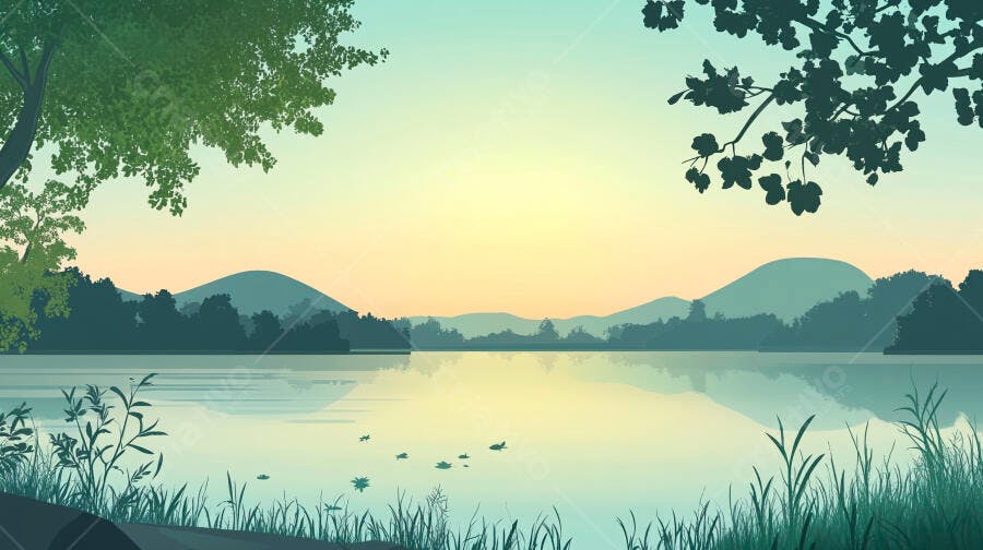 Paisagem Lago Montanhas Nascer do Sol Ilustração Vetorial