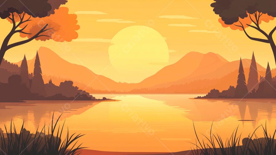 Ilustração Pôr do Sol Lago Montanhas Silhueta Laranja