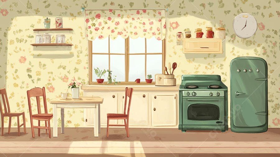 Ilustração Cozinha Retrô Vintage Amarela com Fogão Geladeira Verde