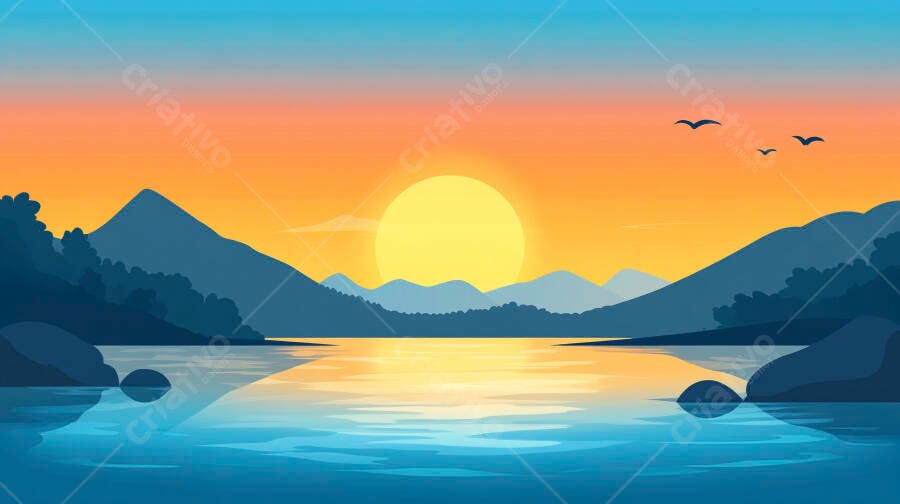 Ilustração Pôr do Sol Montanhas Lago Silhueta Vetor