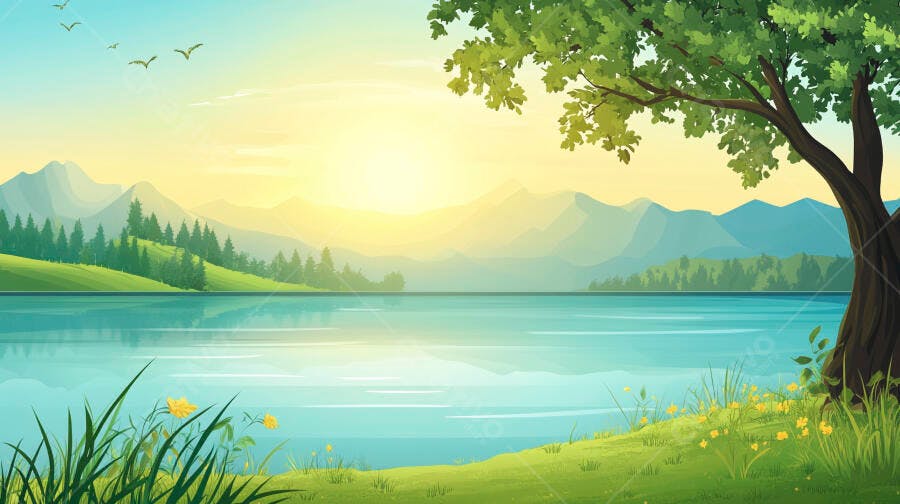 Paisagem Lago Montanhas Nascer do Sol Ilustração Vetorial