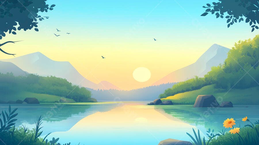 Paisagem Lago Montanhas Pôr do Sol Ilustração Vetorial