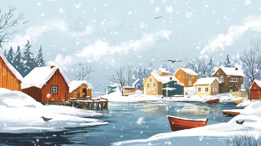 Ilustração Vila de Inverno Nevando Casas na Neve Lago