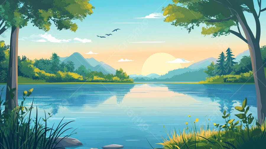 Ilustração Lago Montanhas Nascer do Sol Paisagem Natural