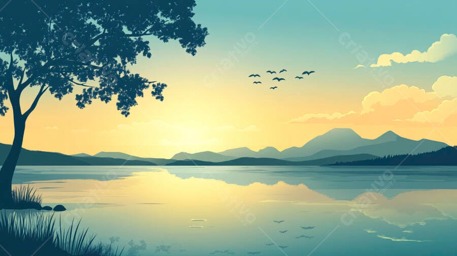 Ilustração Lago Montanhas Pássaros Silhueta Pôr do Sol