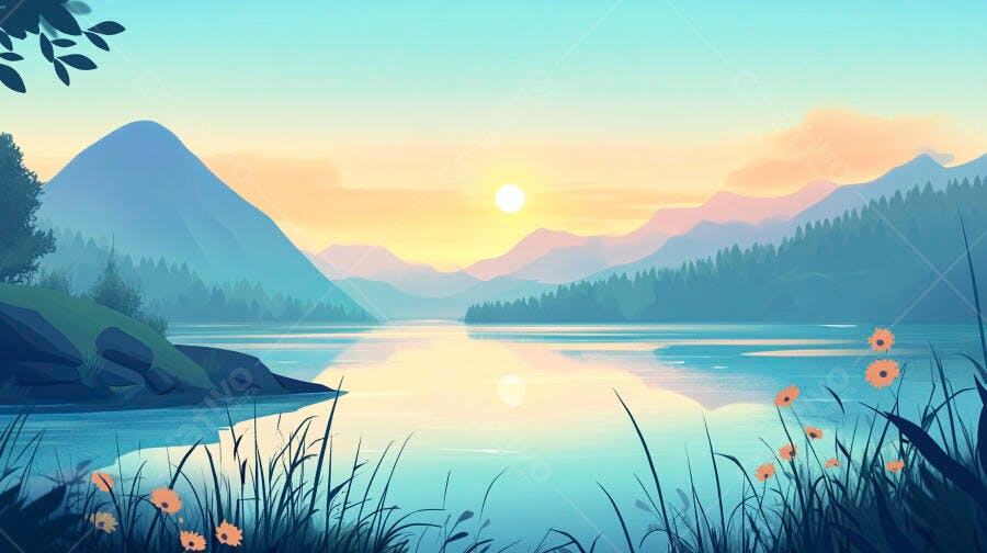 Ilustração Lago Montanhas Nascer do Sol Paisagem Natural