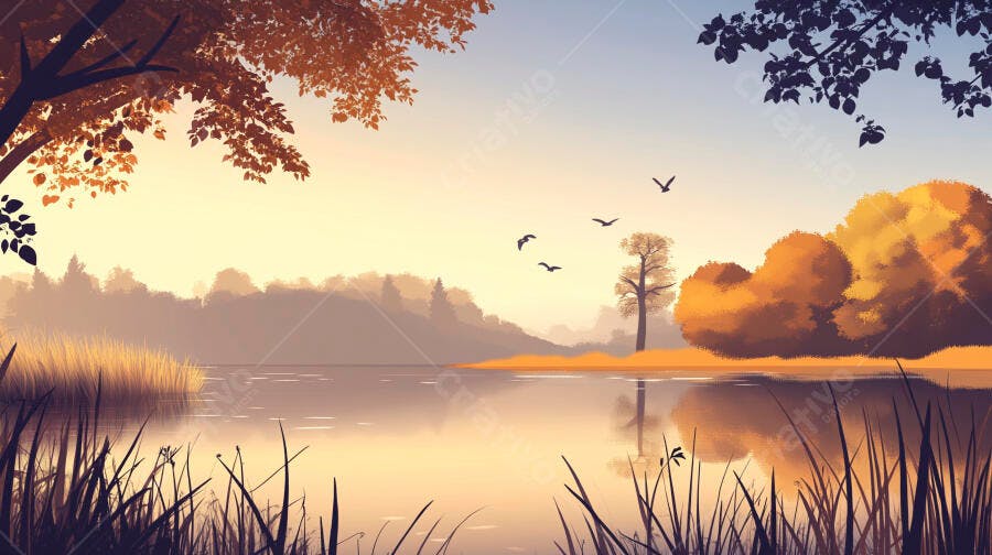 Ilustração Paisagem Outono Lago Árvores Pássaros Voando